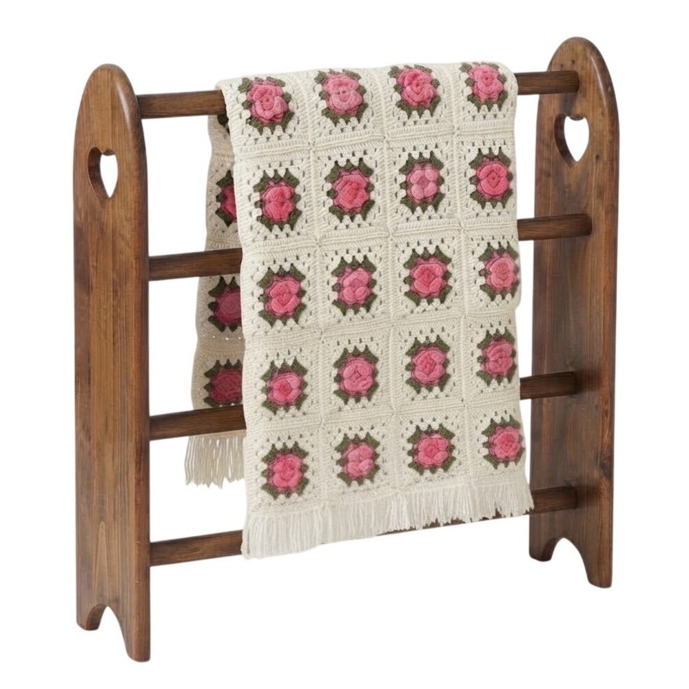 Handmade Afghan Blanket White Pink 3D Rose Crochet Granny Square Fringe Vintage